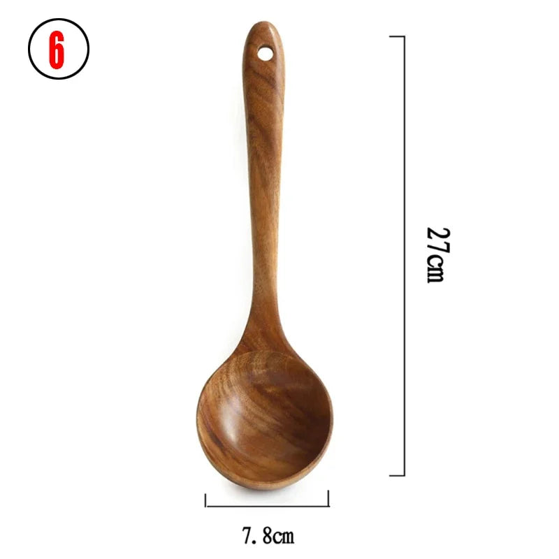 7Pcs/Set Teak Natural Wood Tableware Spoon Ladle Turner Rice Colander Soup Skimmer Cooking Spoon Scoop Kitchen Reusable Tool Kit