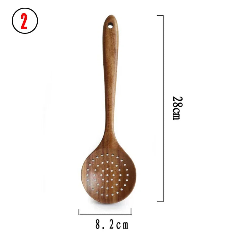 7Pcs/Set Teak Natural Wood Tableware Spoon Ladle Turner Rice Colander Soup Skimmer Cooking Spoon Scoop Kitchen Reusable Tool Kit