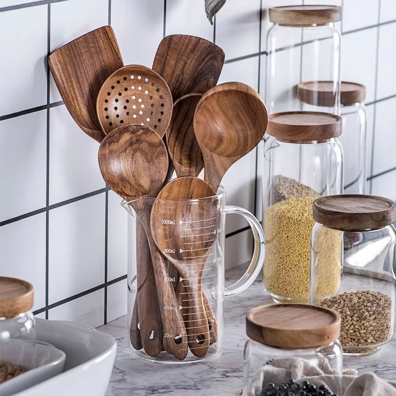 7Pcs/Set Teak Natural Wood Tableware Spoon Ladle Turner Rice Colander Soup Skimmer Cooking Spoon Scoop Kitchen Reusable Tool Kit