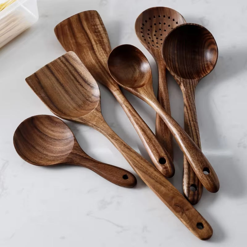 7Pcs/Set Teak Natural Wood Tableware Spoon Ladle Turner Rice Colander Soup Skimmer Cooking Spoon Scoop Kitchen Reusable Tool Kit