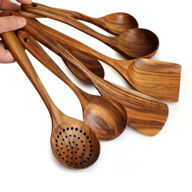 7Pcs/Set Teak Natural Wood Tableware Spoon Ladle Turner Rice Colander Soup Skimmer Cooking Spoon Scoop Kitchen Reusable Tool Kit