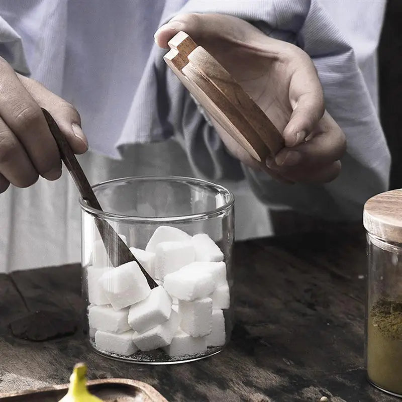 Transparent Glass Striped Jar Spice Salt Shaker Kitchen Food Storage Container with Lid Spoon Multifunctional Sugar Coffee Box