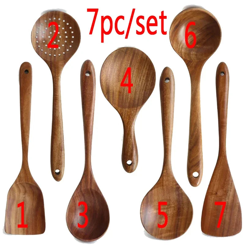 7Pcs/Set Teak Natural Wood Tableware Spoon Ladle Turner Rice Colander Soup Skimmer Cooking Spoon Scoop Kitchen Reusable Tool Kit