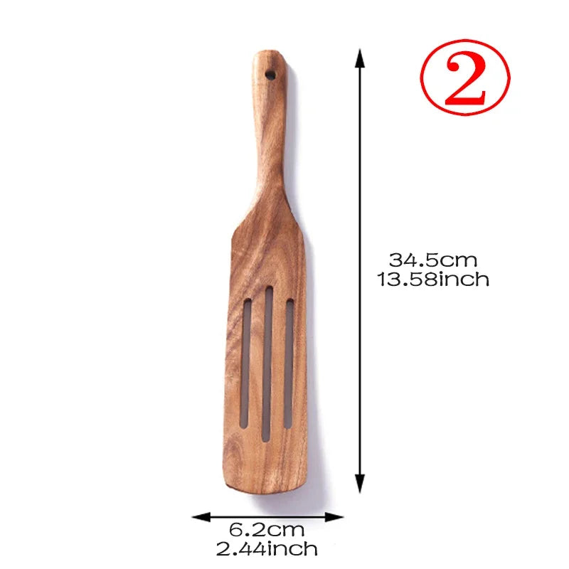 7Pcs/Set Teak Natural Wood Tableware Spoon Ladle Turner Rice Colander Soup Skimmer Cooking Spoon Scoop Kitchen Reusable Tool Kit