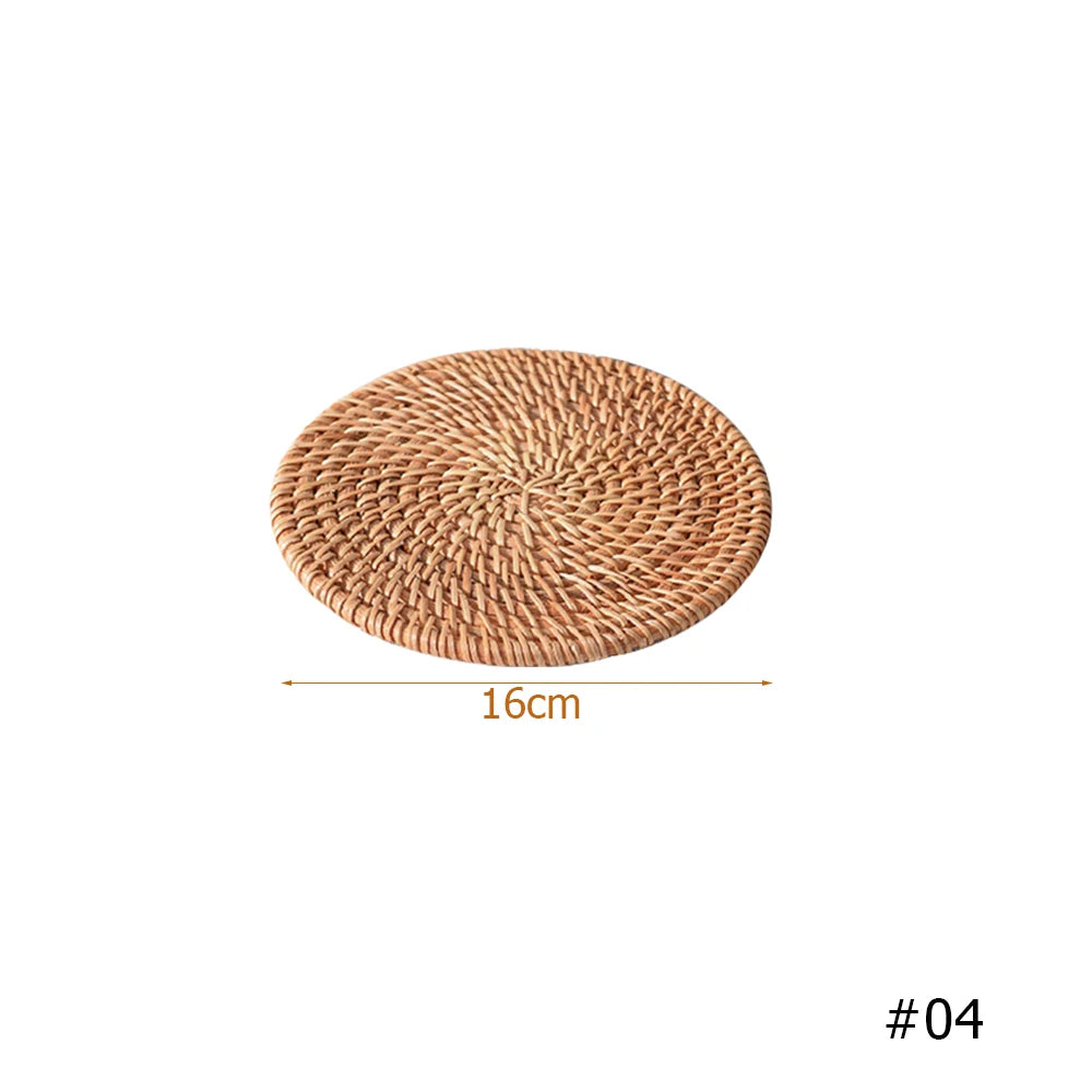 Retro Natural Rattan Woven Placemat round Table Mat Insulation Coasters Pot Coffee Placemats Pad Anti-Slip Table Mats Handicraft