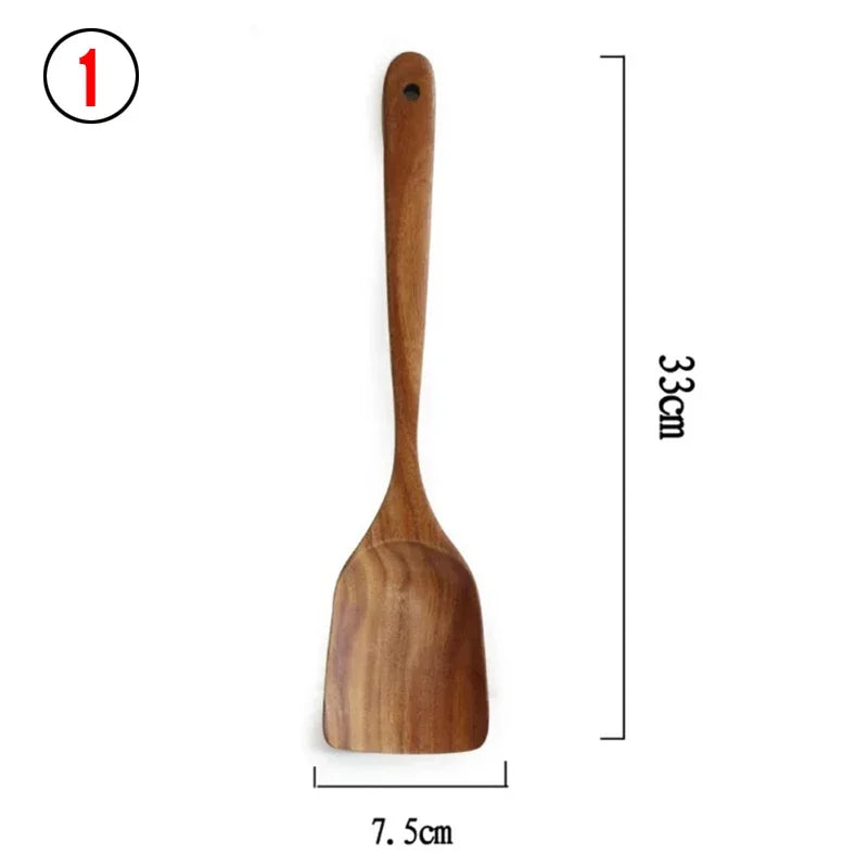 7Pcs/Set Teak Natural Wood Tableware Spoon Ladle Turner Rice Colander Soup Skimmer Cooking Spoon Scoop Kitchen Reusable Tool Kit