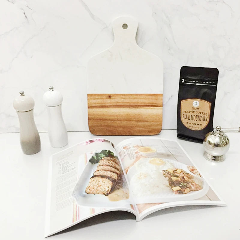 Acacia Wood Marble Kitchen Chopping Board with Handle Butcher Cutting Block Charcuterie Cheese Carving Serving Tray Baking Plate