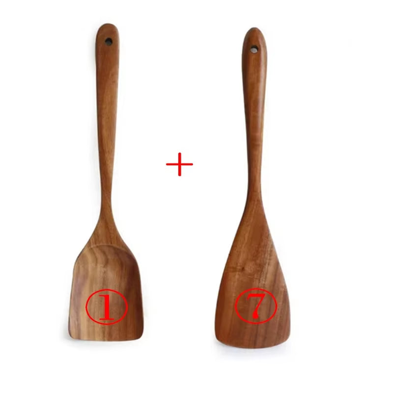 7Pcs/Set Teak Natural Wood Tableware Spoon Ladle Turner Rice Colander Soup Skimmer Cooking Spoon Scoop Kitchen Reusable Tool Kit
