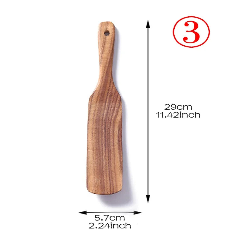 7Pcs/Set Teak Natural Wood Tableware Spoon Ladle Turner Rice Colander Soup Skimmer Cooking Spoon Scoop Kitchen Reusable Tool Kit