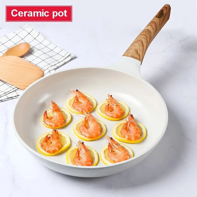 White Ceramic Frying Pan Korean Cookware Set Pot and Non Stick Cooking Pan Set Breakfast Deep Fryer Japanese Kitchen Enamel Pan