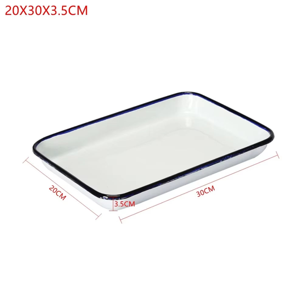 1PCS Handcrafted Vintage Tray White Enamel Home Cake Oven Baking Tray Square Retro Plates
