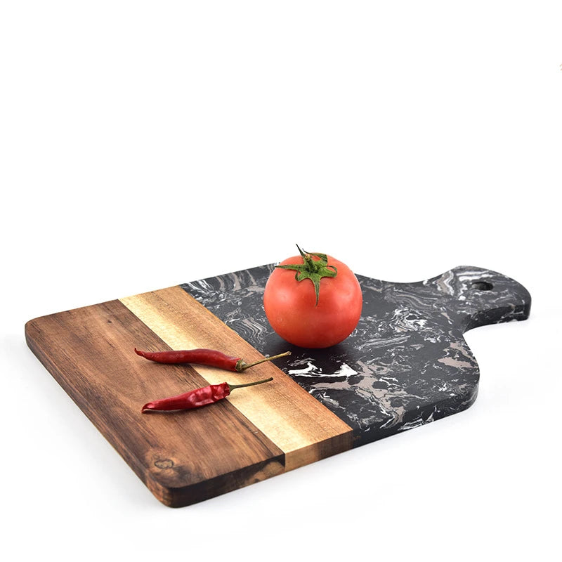Acacia Wood Marble Kitchen Chopping Board with Handle Butcher Cutting Block Charcuterie Cheese Carving Serving Tray Baking Plate