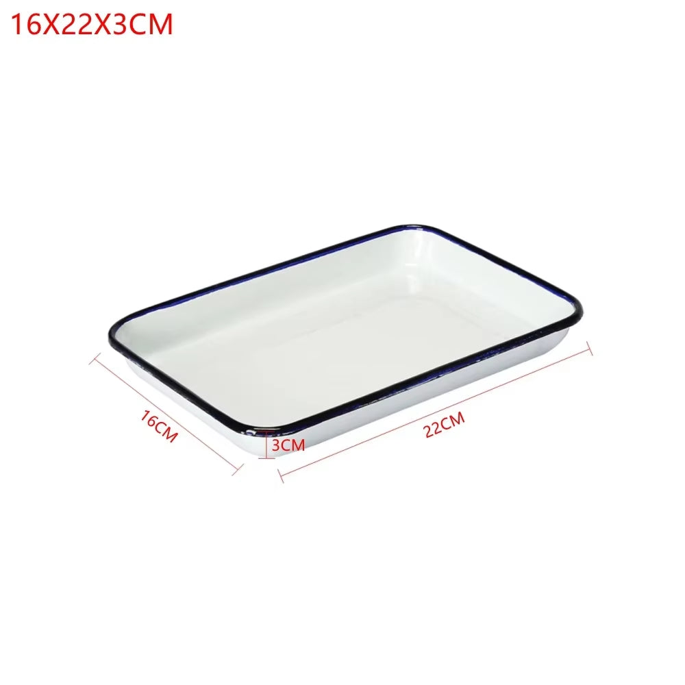 1PCS Handcrafted Vintage Tray White Enamel Home Cake Oven Baking Tray Square Retro Plates