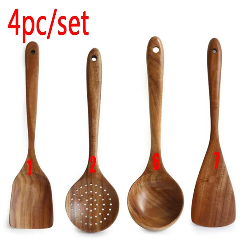 7Pcs/Set Teak Natural Wood Tableware Spoon Ladle Turner Rice Colander Soup Skimmer Cooking Spoon Scoop Kitchen Reusable Tool Kit