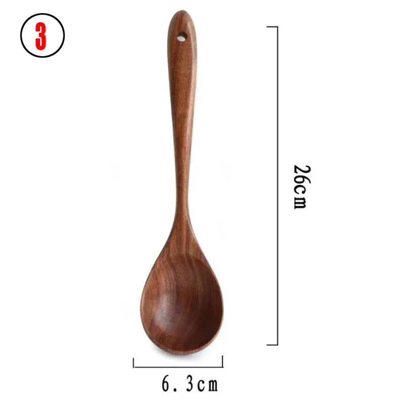 7Pcs/Set Teak Natural Wood Tableware Spoon Ladle Turner Rice Colander Soup Skimmer Cooking Spoon Scoop Kitchen Reusable Tool Kit
