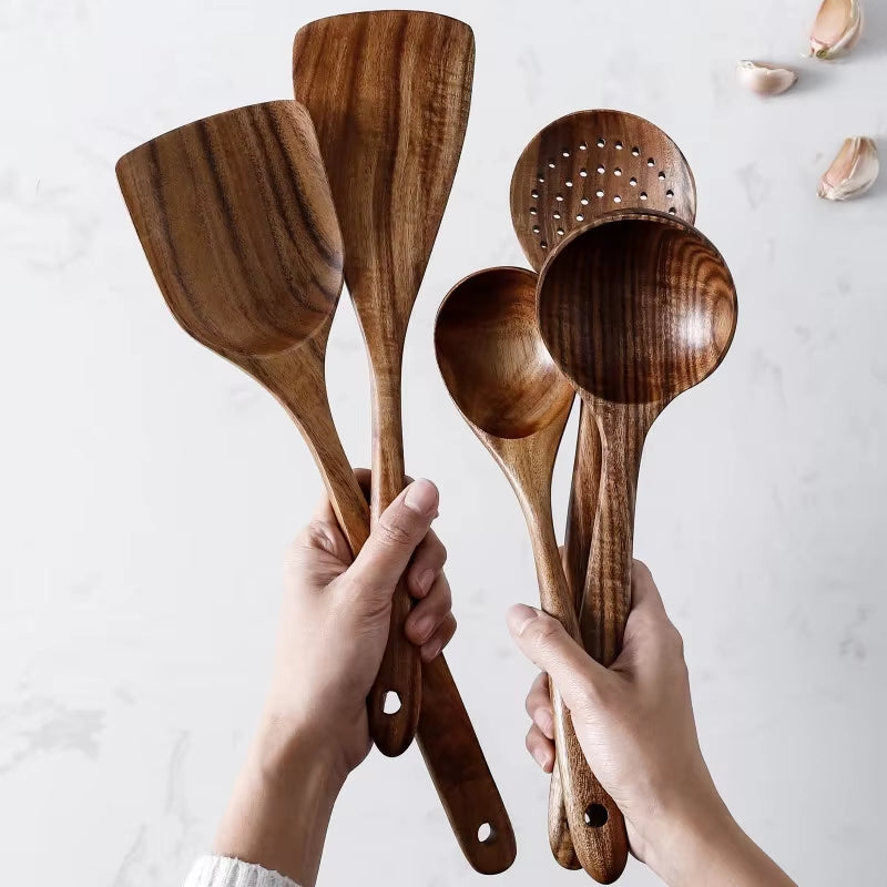 7Pcs/Set Teak Natural Wood Tableware Spoon Ladle Turner Rice Colander Soup Skimmer Cooking Spoon Scoop Kitchen Reusable Tool Kit