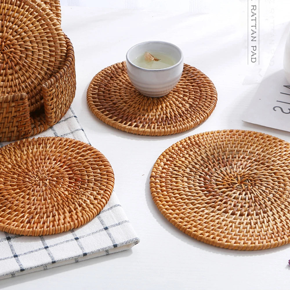 Retro Natural Rattan Woven Placemat round Table Mat Insulation Coasters Pot Coffee Placemats Pad Anti-Slip Table Mats Handicraft