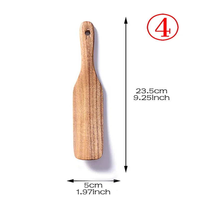 7Pcs/Set Teak Natural Wood Tableware Spoon Ladle Turner Rice Colander Soup Skimmer Cooking Spoon Scoop Kitchen Reusable Tool Kit