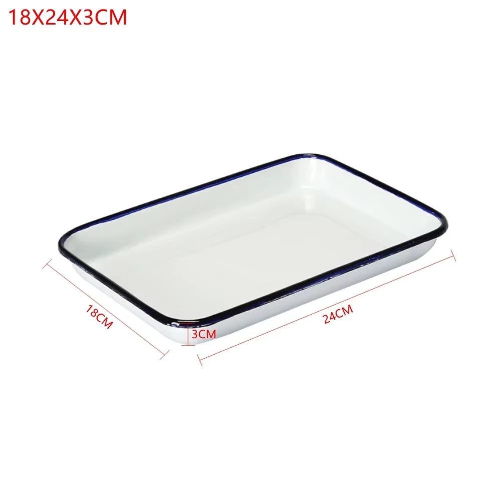 1PCS Handcrafted Vintage Tray White Enamel Home Cake Oven Baking Tray Square Retro Plates