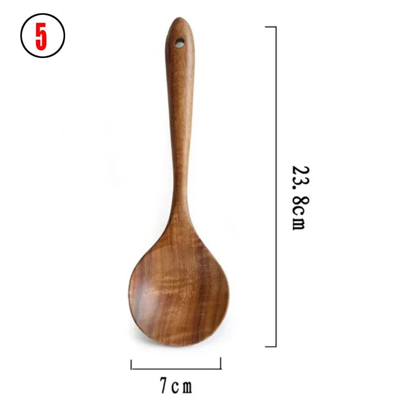 7Pcs/Set Teak Natural Wood Tableware Spoon Ladle Turner Rice Colander Soup Skimmer Cooking Spoon Scoop Kitchen Reusable Tool Kit