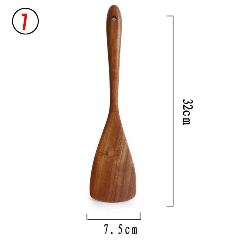 7Pcs/Set Teak Natural Wood Tableware Spoon Ladle Turner Rice Colander Soup Skimmer Cooking Spoon Scoop Kitchen Reusable Tool Kit