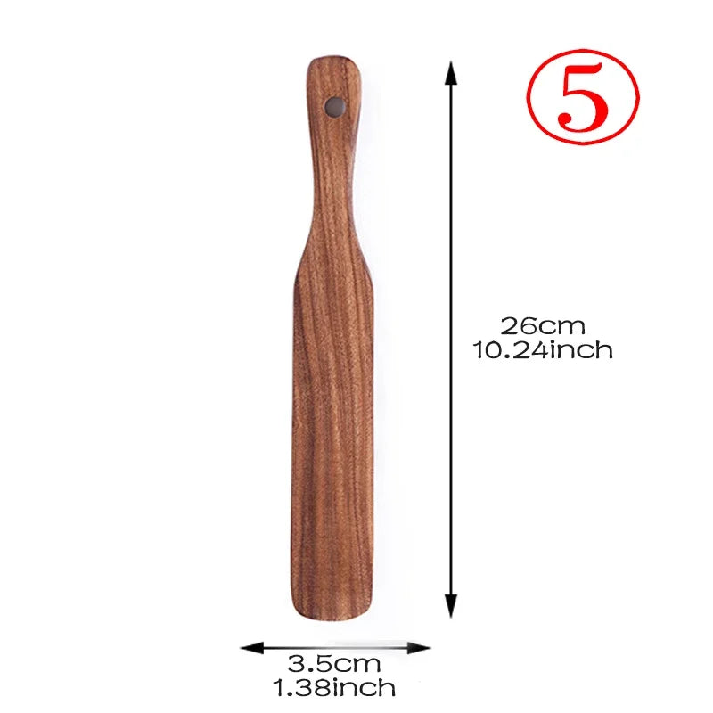7Pcs/Set Teak Natural Wood Tableware Spoon Ladle Turner Rice Colander Soup Skimmer Cooking Spoon Scoop Kitchen Reusable Tool Kit