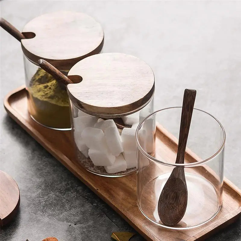 Transparent Glass Striped Jar Spice Salt Shaker Kitchen Food Storage Container with Lid Spoon Multifunctional Sugar Coffee Box
