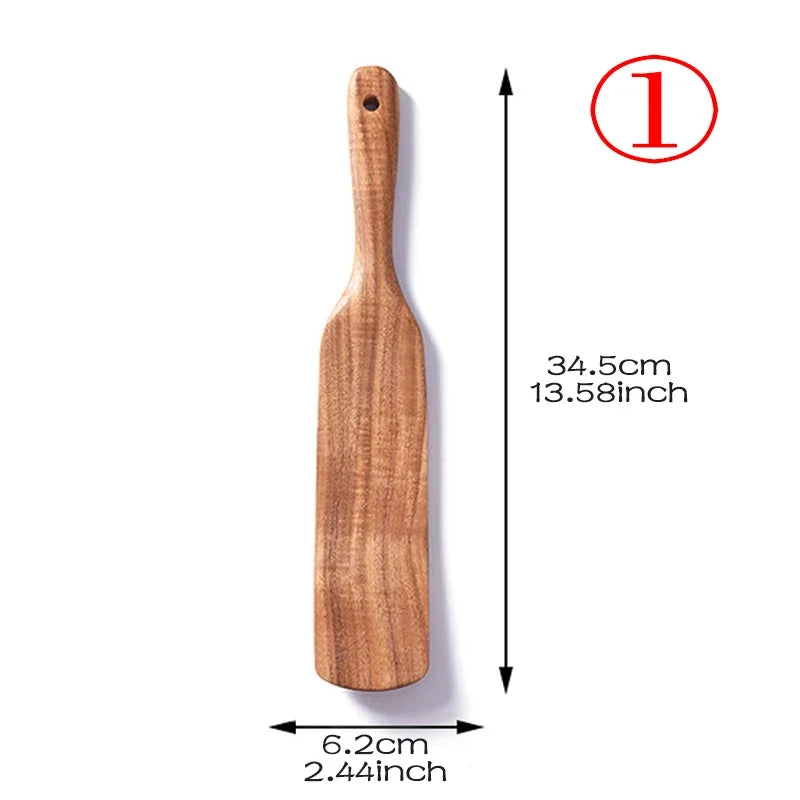 7Pcs/Set Teak Natural Wood Tableware Spoon Ladle Turner Rice Colander Soup Skimmer Cooking Spoon Scoop Kitchen Reusable Tool Kit